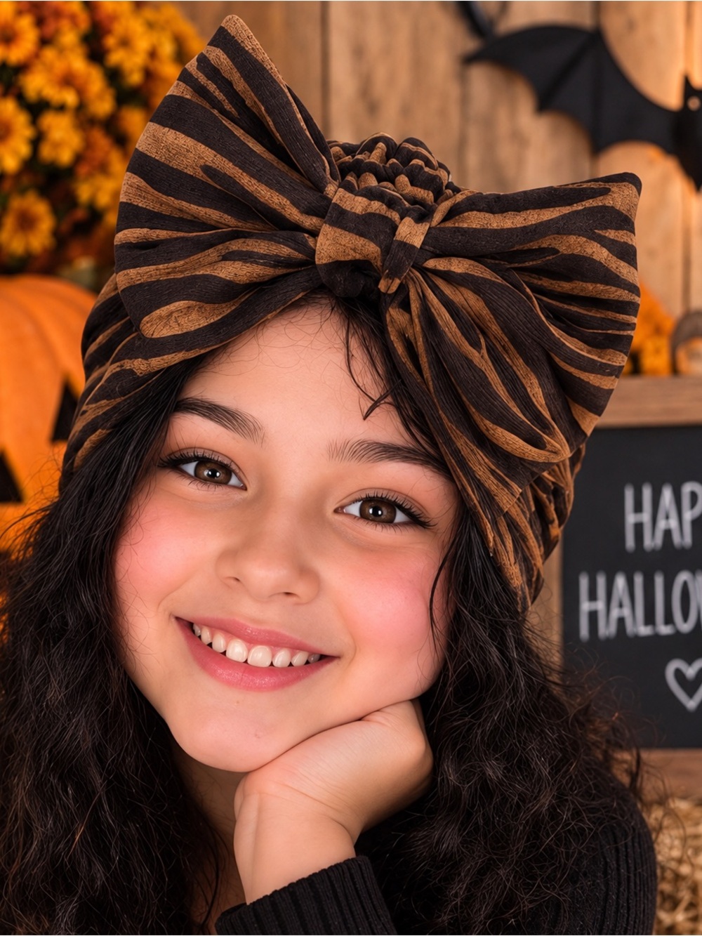 Girls Halloween Tiger striped Bow Headwrap | orange & black Turban handmade